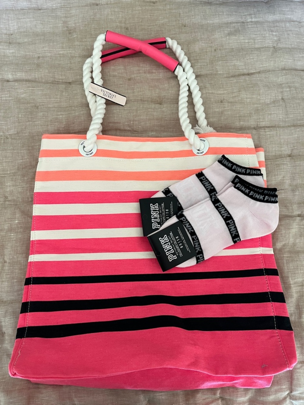 Victoria's Secret Pink Bundle Striped Beach Tote Bag Socks